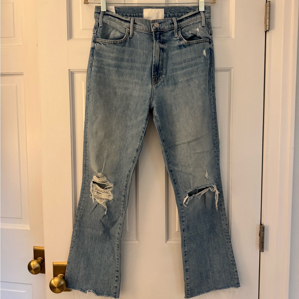 MOTHER Blue Flare Wide Leg Jeans with Distressed Details